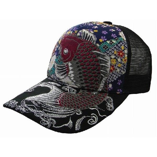 和柄メッシュキャップ 紅鯉柄/黒