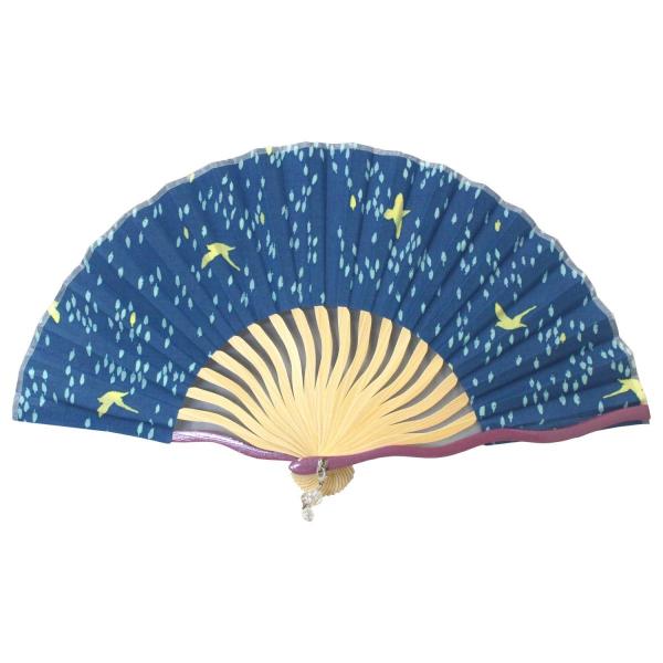 ネコポス可(3本まで)  ポケット波骨 布 扇子 18cm とり柄/ブルー レディース