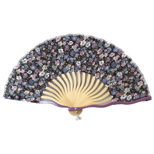 ネコポス可(3本まで)  波骨布 扇子 18cm 花柄/黒 レディース
