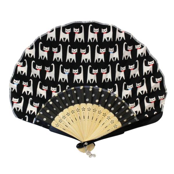 ネコポス可(3本まで)  レース切り替え 扇子 21cm ねこ柄 レディース