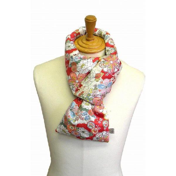 和柄 軽ふわ モフモフマフラー 中綿入り 花柄 レッド レディース マフラー