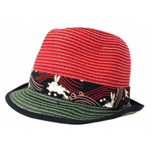 和柄 ツートン ペーパーヤーン ブリムハット 波うさぎ／赤 メンズ