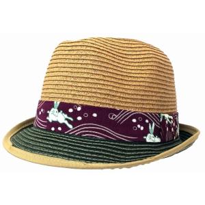 和柄 ツートン ペーパーヤーン ブリムハット 波うさぎ／ベージュ