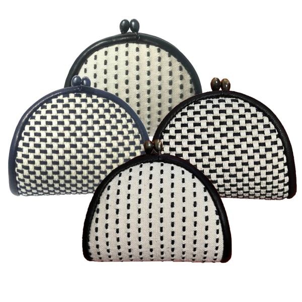 三河木綿 刺し子生地 和風 がま口 ワッフルコインケース 一本刺し子 一重刺し子 ブラック アンティ...