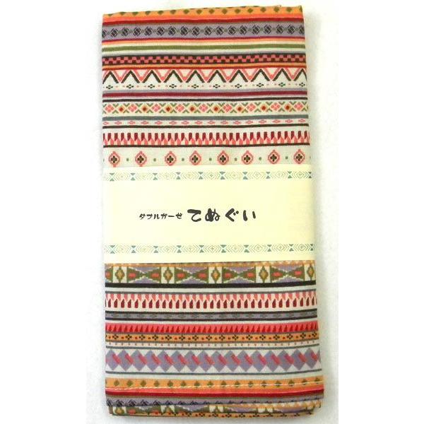 ネコポス可(2枚まで)  ダブルガーゼ手ぬぐい 幾何ボーダー柄 レッド系