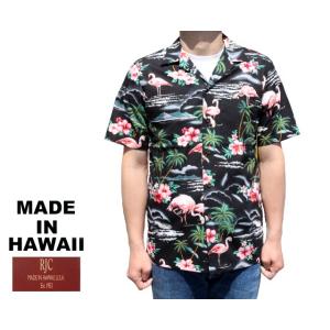 RJC ロバート・J・クランシー アロハシャツ フラミンゴ＆ハイビスカス ハワイ製 黒 ブラック