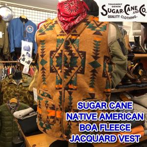 SUGAR CANE NATIVE AMERICAN BOA FLEECE JACQUARD VEST SC14770-134/CAMEL｜delsol-kumamoto