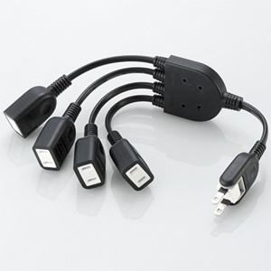 ELECOM 電源延長コード ACアダプタ用 4個口 180°スイングプラグ コード長0.2m ブラ...
