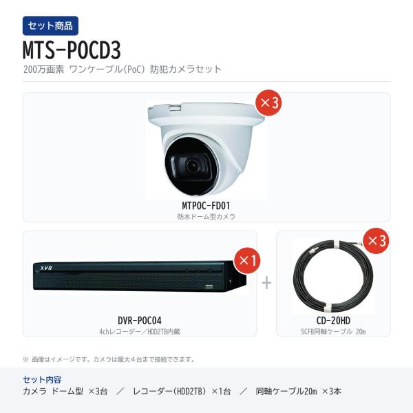 マザーツール メーカー直送品 200万画素防水ドーム型PoCカメラ×3台+4chレコーダー(HDD2...