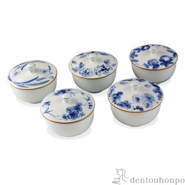蓋付お茶呑茶碗 絵変わり 染草花 5客セット ( 名入れ有料 退職祝い 定年 茶器セット 急須 湯呑...
