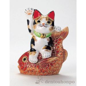 九谷焼 小槌上げ小判招き猫 黄盛 6号 布団付 ( 木札名入れ有料 退職