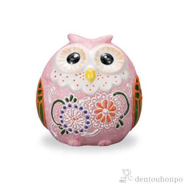 九谷焼 丸梟 ピンク盛 2.5号 ( 木札名入れ有料 フクロウ 置物 玄関 風水 小物 九谷焼 結婚...