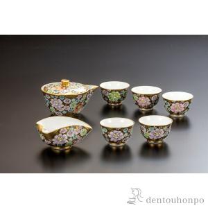 九谷焼 茶道具 十客茶器揃（急須・碗10ヶ入） 本金赤牡丹孔雀 錦苑作