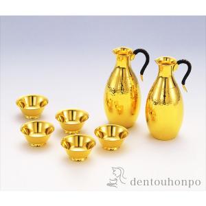 純金 酒器セット 槌目 A 千呂利2個/猪口5個 ( 光則（金工芸） 木札名入れ有料 高級 コレクション 美術品 工芸品 伝統 東京銀器（金工芸） 周年 創立 )