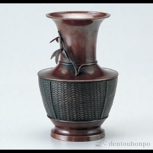 高岡銅器 銅製花瓶 福寿 木瓜に鳥 10号 美術工芸品 記念品 花活 : 日本