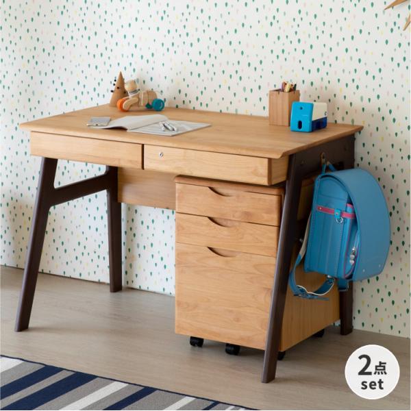 学習机 おしゃれ 北欧 シンプル 2点 セットワゴン 木製 ツートン鍵付き エクリュ ISSEIKI...