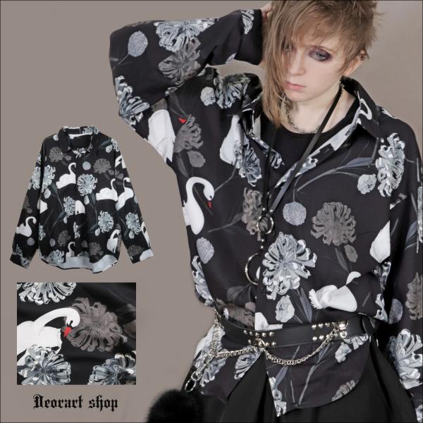 ルーズシルエット・ダークカラー スワン柄 総柄 シャツ[swan] (セレクト・アイテム) BY70...