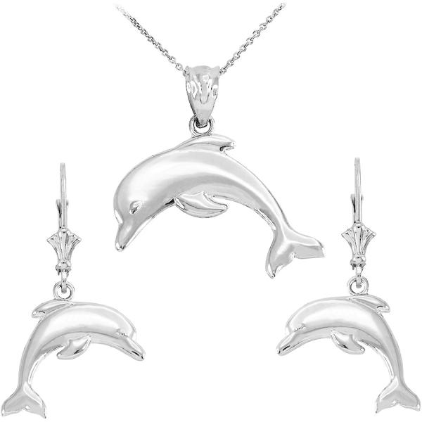 Jumping Dolphinネックレスand Earring Set in High Polish...