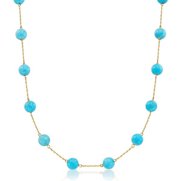 【並行輸入品】Ross-Simons 8mm ターコイズビーズステーションネックレス 14kt イエ...