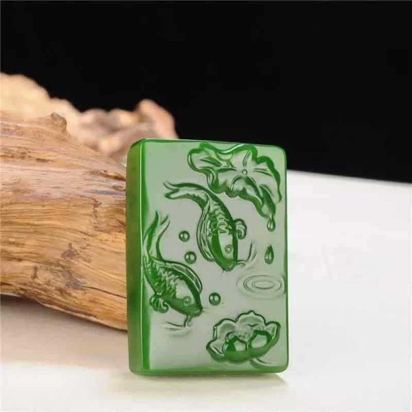 XIAOJIA Natural Green Hand-Carved Carp Jade Pendan...