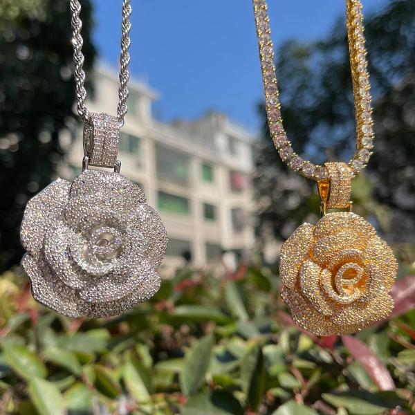 Iced Out Pendant Rose Flower Necklace for Women Hi...