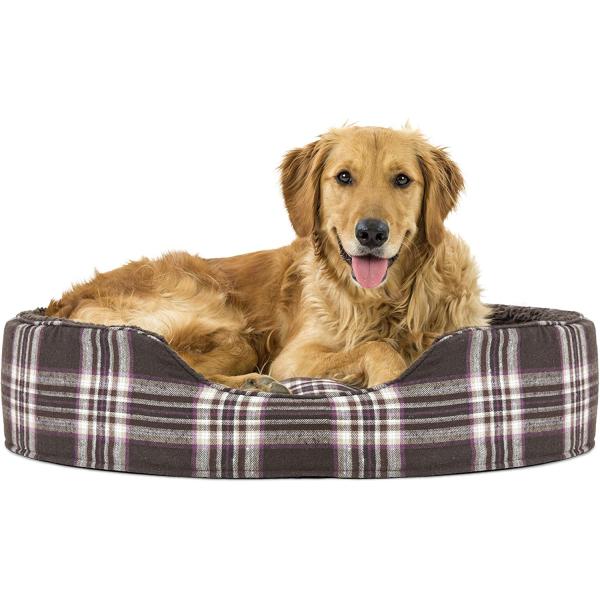 Furhaven Pet NAP Oval Terry Fleece and Plaid Bed f...