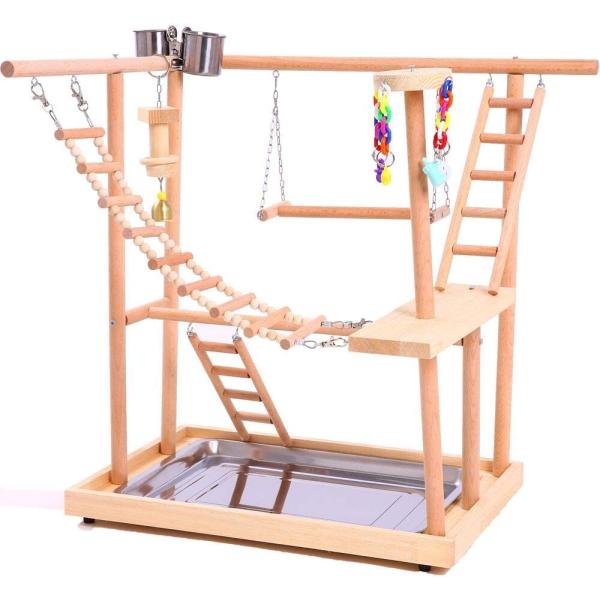 QBLEEV Wood Parrot Playground Perches with Swing B...