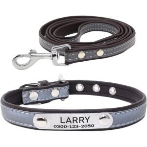 【並行輸入品】 可愛いおしゃれ極細繊維製猫犬の首輪とリードセットおなまえ首輪彫刻プレート付手仕上げ反射首輪小中大型猫犬　