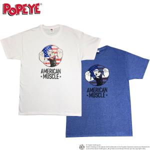 ポパイ POPEYE ロゴ Tシャツ カットソー メンズ レディース ユニセックス 大きいサイズ キャラクターTシャツ POPEYE AMERIKAN MUSCLE 白 ブルー 半袖 ST｜depot-select