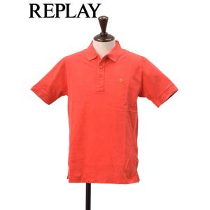 リプレイ REPLAY 鹿の子ポロシャツ メンズ 3つ釦 半袖 コットンピケ コーラルレッド 製品染...