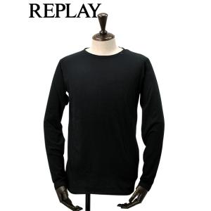 リプレイ REPLAY 長袖Tシャツ メンズ クルーネックカットソー コットン天竺 ブラック ロゴプ...