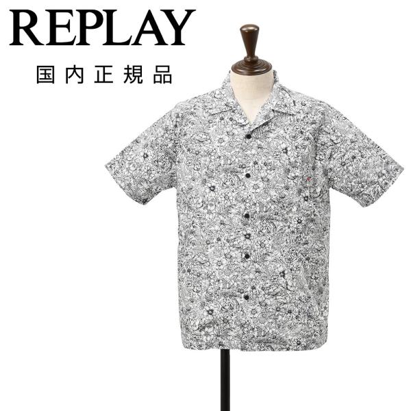 リプレイ REPLAY 開襟シャツ メンズ 半袖アロハシャツ コットンポプリン ホワイト×ネイビー ...
