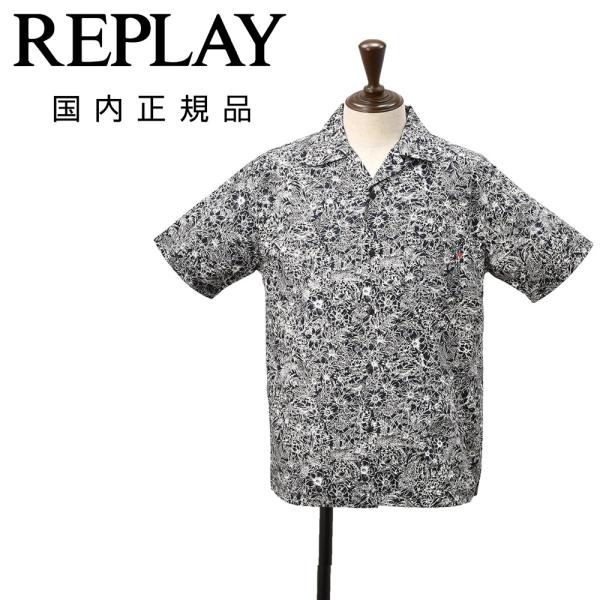 リプレイ REPLAY 開襟シャツ メンズ 半袖アロハシャツ コットンポプリン ネイビー×ホワイト ...