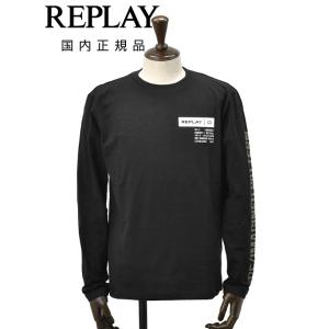 リプレイ REPLAY 長袖Tシャツ メンズ クルーネックカットソー ブラック 黒 左袖ロゴプリント...