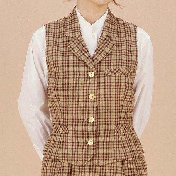 【ベスト】レディースベスト　かわいいユニフォーム　森ガール　ベージュ　チェック　メンズベスト有　　山...
