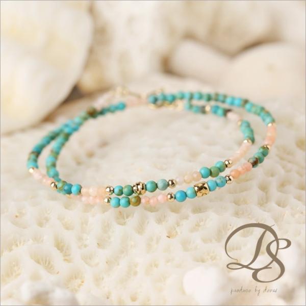 18金 ブレスレット k18 18金ブレスレット 18k 天然石ブレスレット 2連 ターコイズ ピン...