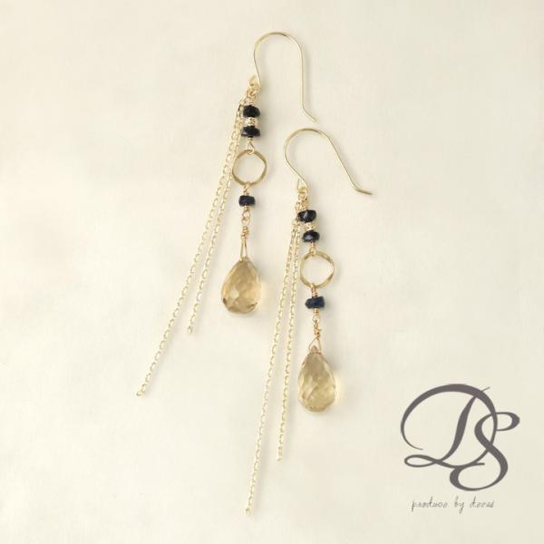 18金 ピアス k18 18金ピアス 18k フックピアス 天然石 サファイア シャンパンクオーツ ...