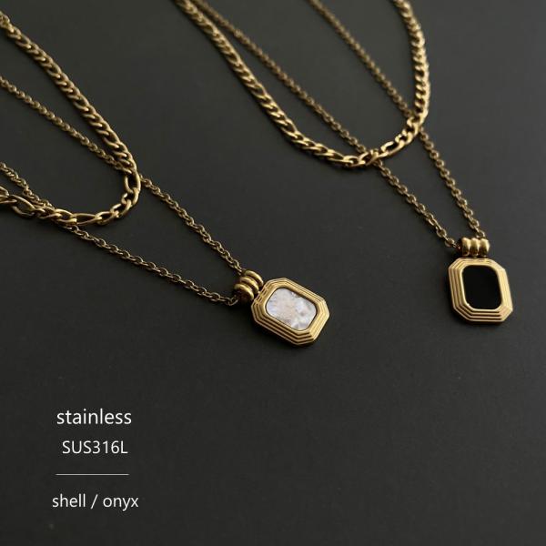 316L サージカル 2連 レクタングル ネックレス シェル オニキス フィガロ あずきチェーン
