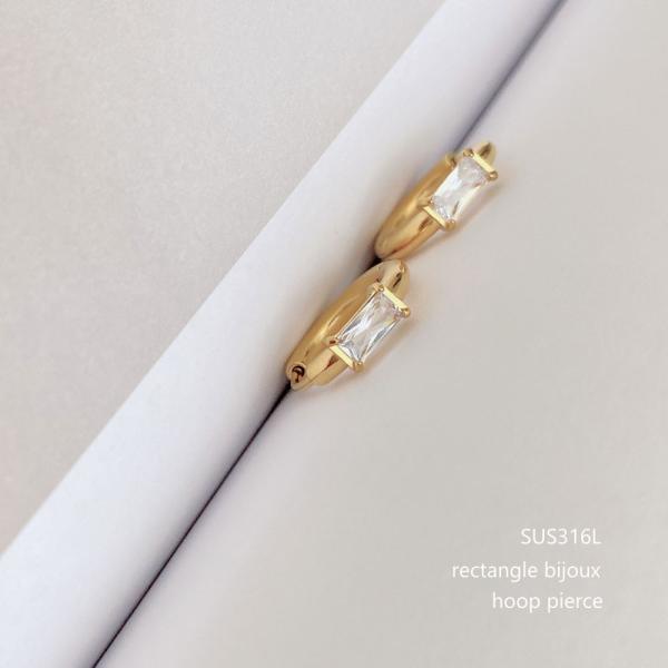 316L 18金コーティング フープピアス キャッチレス レクタングル ビジュー ラインストーン パ...