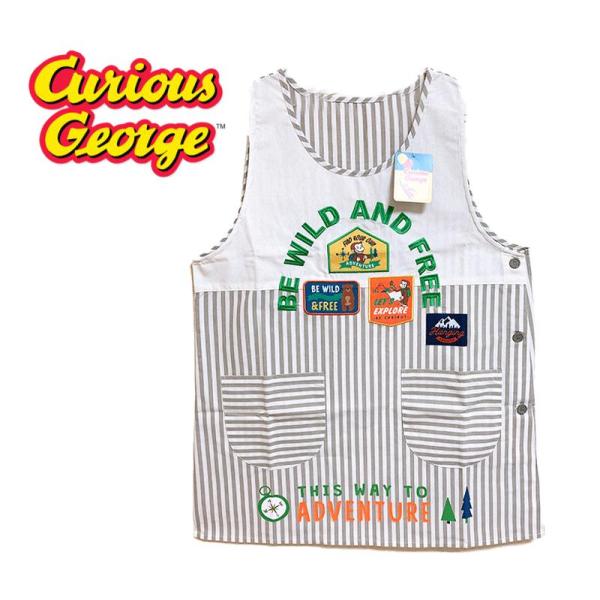 おさるのジョージ グリーンエプロン (グレージュ) プリント 刺繍 22303011 おしゃれ 保育...