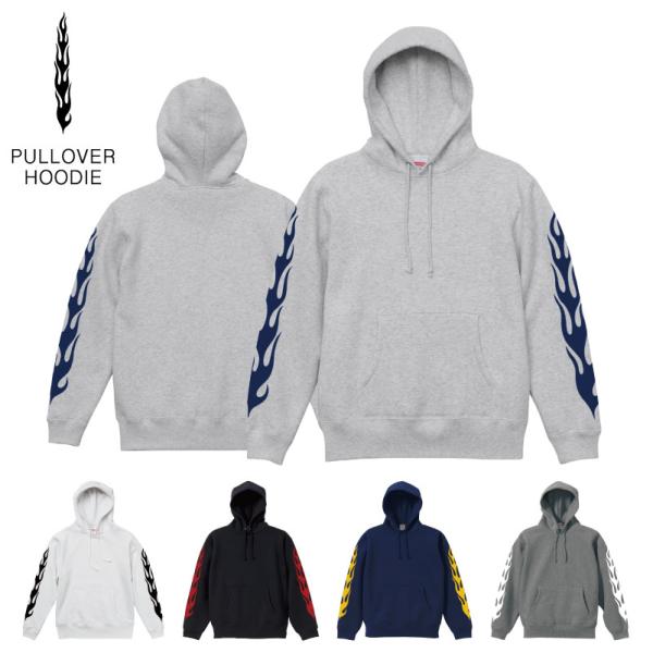 FLAME ファイヤーパターン 裏起毛 袖プリント プルオーバーパーカー トップス メンズカジュアル...