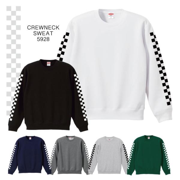 クルーネックスウェット 裏起毛 袖プリント チェッカーフラッグ トップス メンズカジュアル イベント...