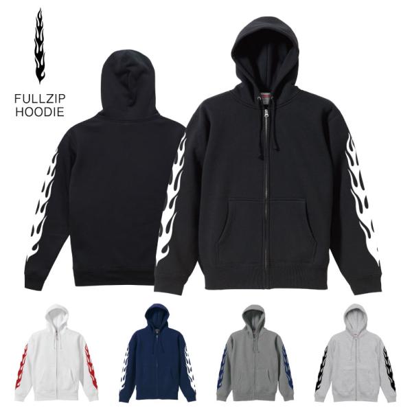 zipパーカー 裏起毛 FLAME 袖プリント トップス ジップアップ メンズカジュアル ストリート...