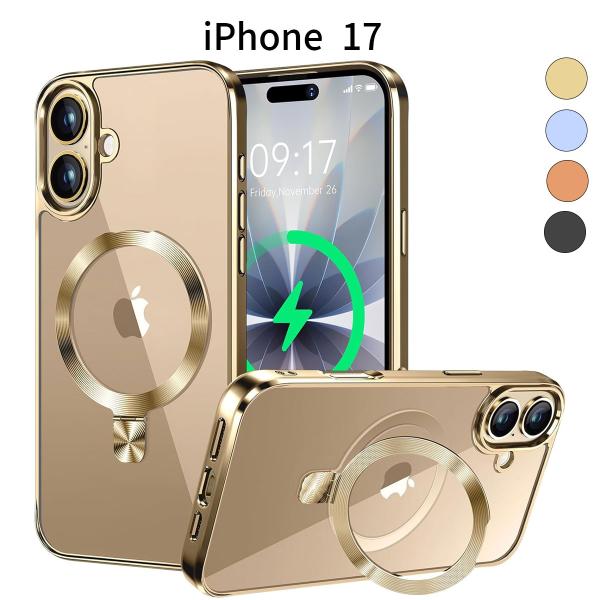 iPhone 17 ケース｜MagSafe対応 クリア カバー｜隠しスタンド付き｜耐衝撃 メッキフレ...