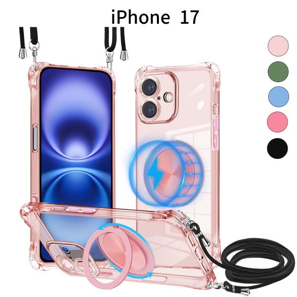 iPhone 17 用 ケース MagSafe対応 360度回転リング付き ショルダー ストラップ調...