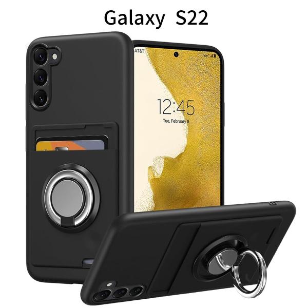 Galaxy S22 ケース リング付き シリコン カード収納 スタンド機能 360度回転 滑り止め