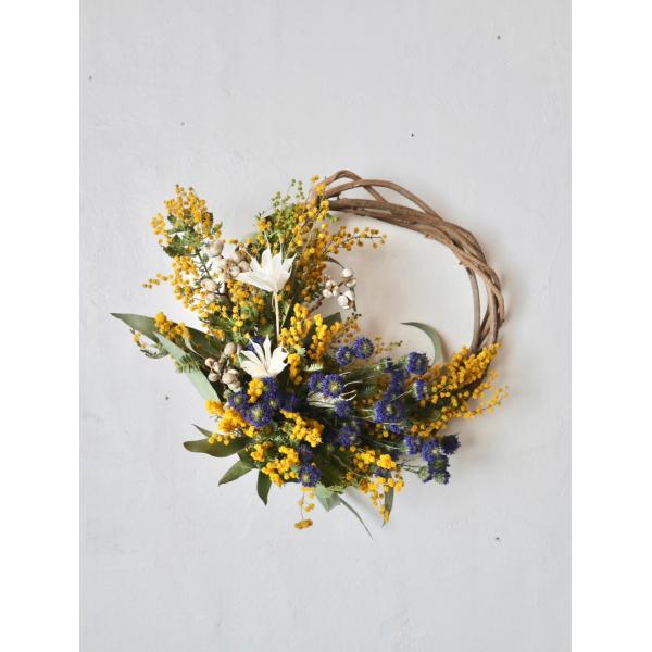 ミモザとブルーの草花のドライフラワーリース壁掛けインテリア・送別ギフト