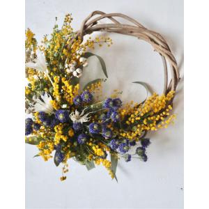ミモザとブルーの草花のドライフラワーリース壁掛...の詳細画像2