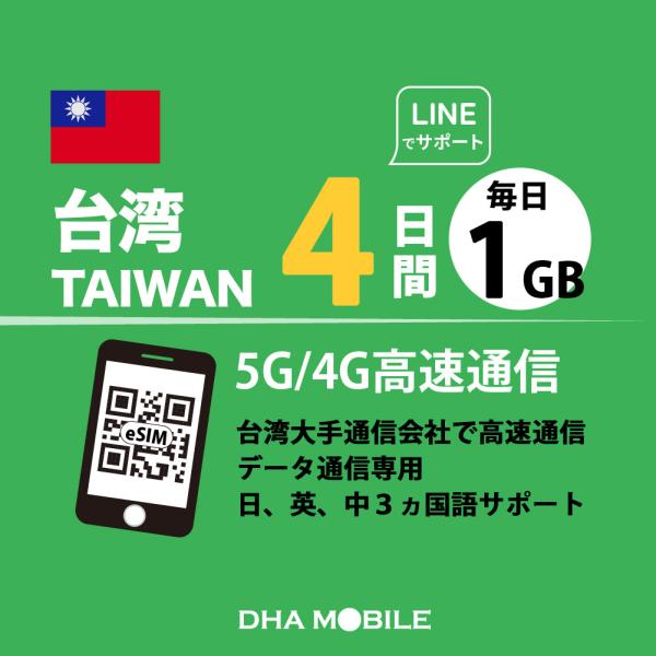 【メール送付】台湾 eSIM 4日間 毎日1GB(超えると当日中低速128kbps) プリペイドsi...