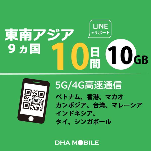 【メール送付】東南アジア 9か国 eSIM 10日間 10GB(超えると低速128kbps) プリペ...